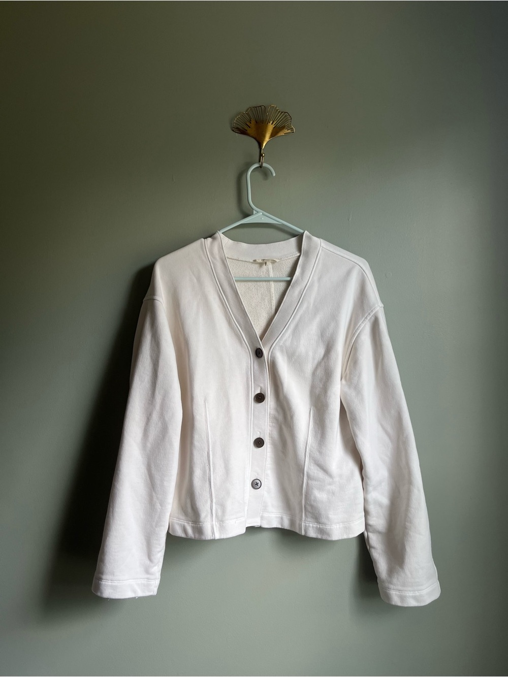 Madewell Cropped Sweatshirt Material Cream/White Button-Front Cardigan